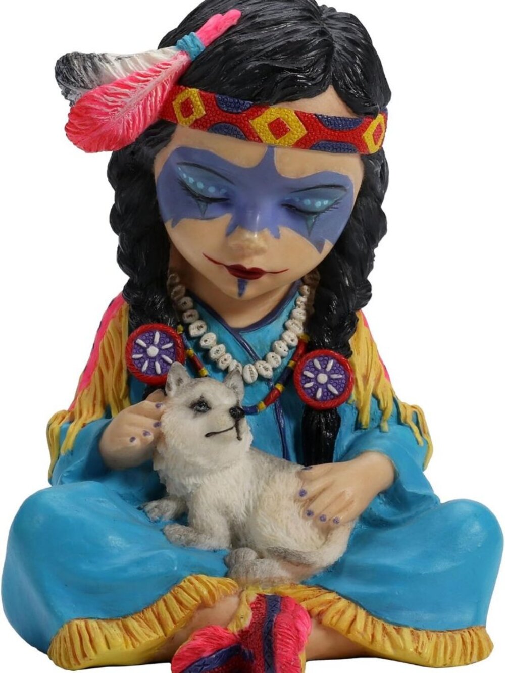 Hand-Painted 4.38" Native American Girl Figurine with Baby Wolf - Unique